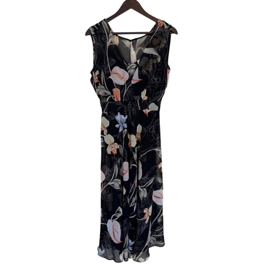 White House Black Market Sleeveless Navy Floral Overlay Midi Dress - Size 8
